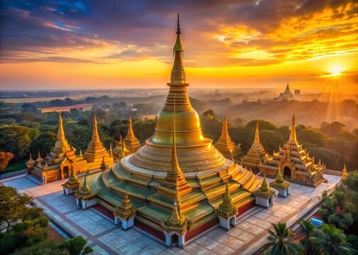 Majestic Shwemawdaw Pagoda, Bago, Myanmar: Sunrise Golden Spire Stock Photo