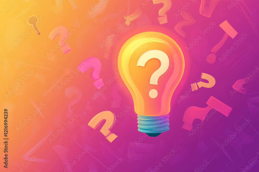 Poster light bulb surrounded by colorful question marks, symbolizing creative ideas and curiosity. the back