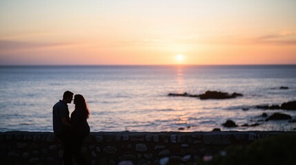 Romantic couple sharing intimate moment at sunset by the sea