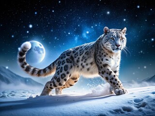 Obraz premium Majestic Snow Leopard in Winter Wonderland: Night Run on White Background