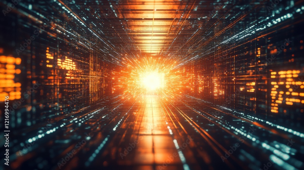 Poster futuristic data stream with bright explosion of light in a dynamic tunnel of digital particles, illu