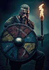 Bearded Viking warrior with shield and torch in dark, foggy environment