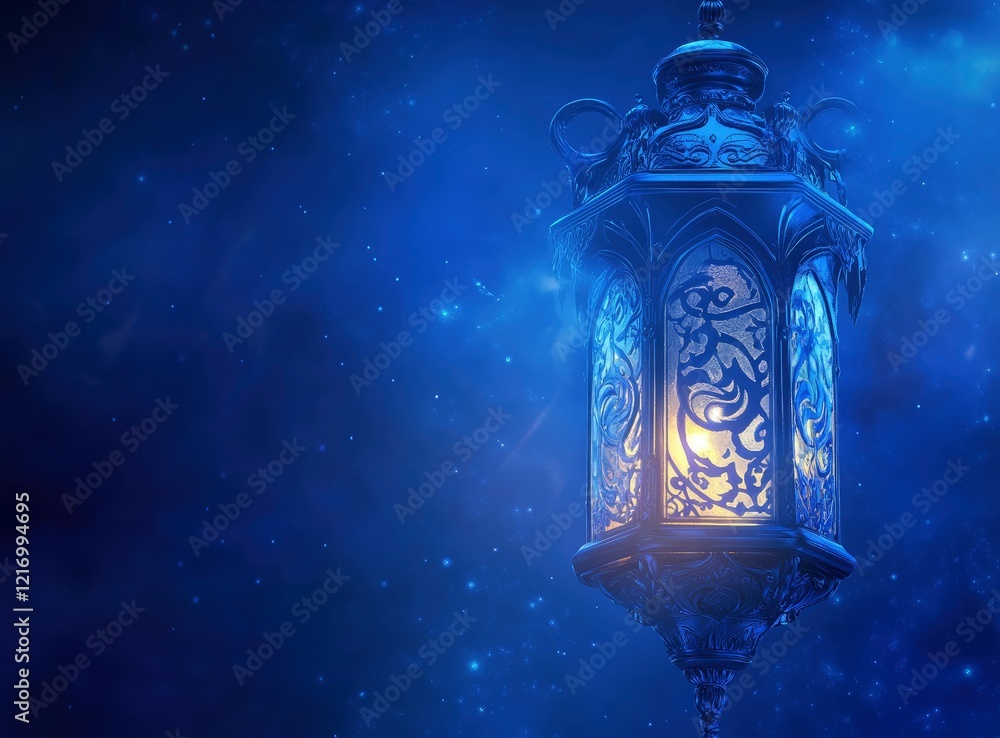 Poster a glowing lantern with intricate patterns on the glass, casting an enchanting glow against a deep bl