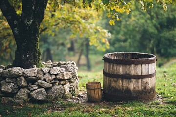 Fototapeta premium A rustic outdoor well with a single wooden bucket resting beside it. picture
