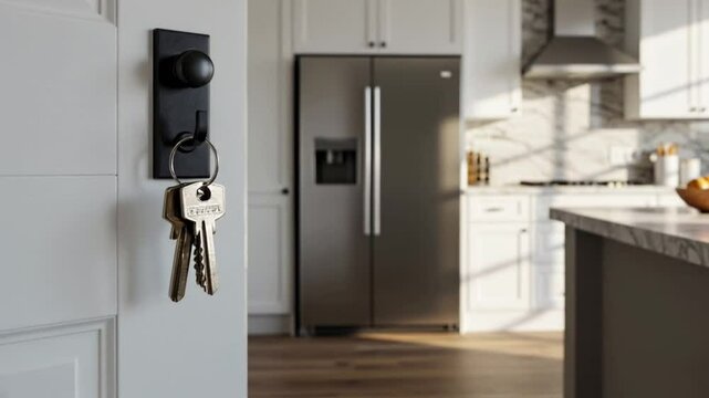 Keys hanging on a door with modern kitchen background representing home security