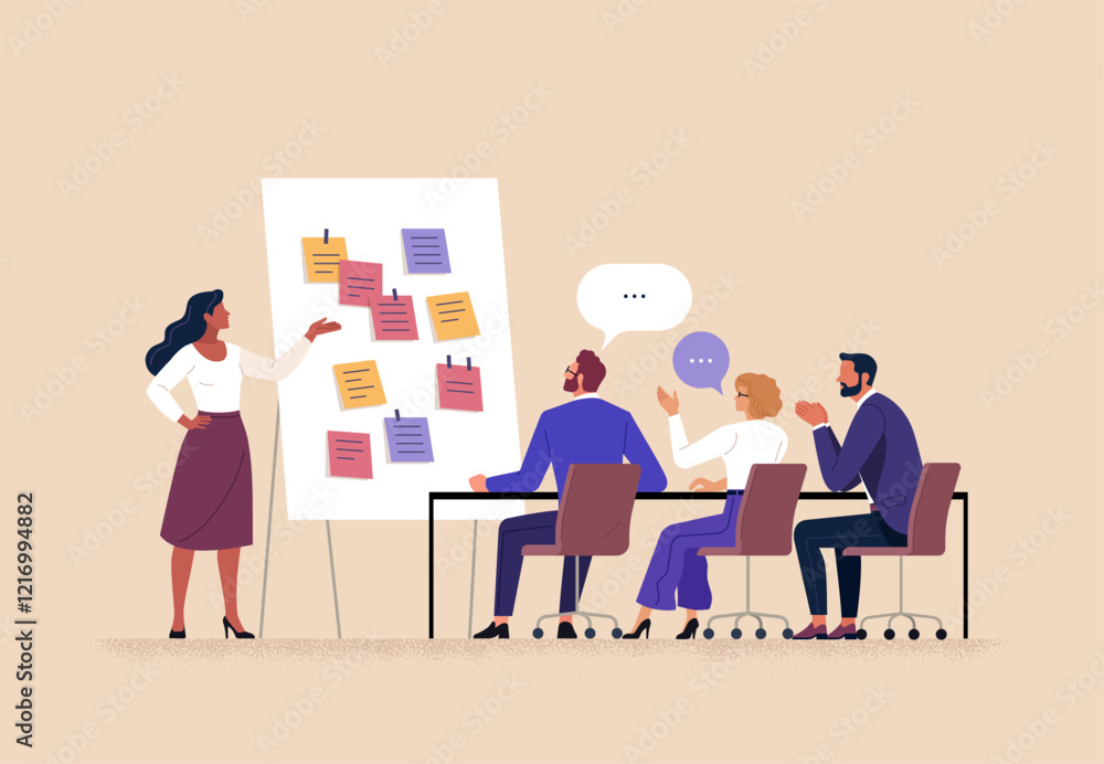 Poster business workshop concept. vector cartoon illustration of a group of diverse people sitting at a tab