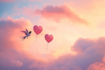 Fototapeta premium heart balloons in the sky with bird
