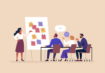 Business Workshop Concept. Vector cartoon illustration of a group of diverse people sitting at a table with a woman standing in front of them next to a board with stickers. Isolated on background
