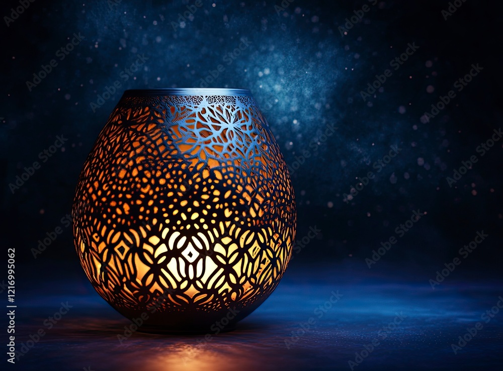 Poster a glowing lantern with intricate patterns on the glass, casting an enchanting glow against a deep bl