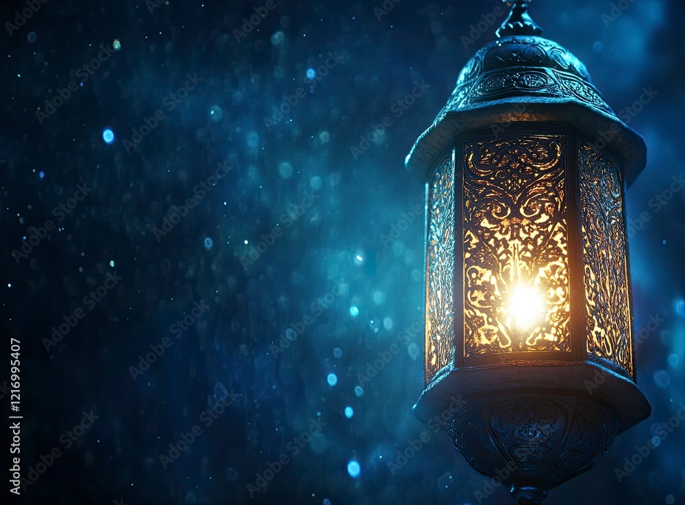 Poster a glowing lantern with intricate patterns on the glass, casting an enchanting glow against a deep bl
