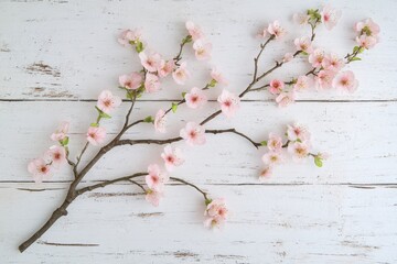 Cherry blossom branches delicate pink flowers white wooden background