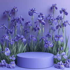 Minimal violet podium for product presentation surrounded by purple irises ©  vi.aethereum