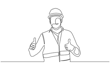 Single continuous line drawing of young construction worker, Engineers man in hard hat, worker with protective headphones on white background continuous one line drawing.