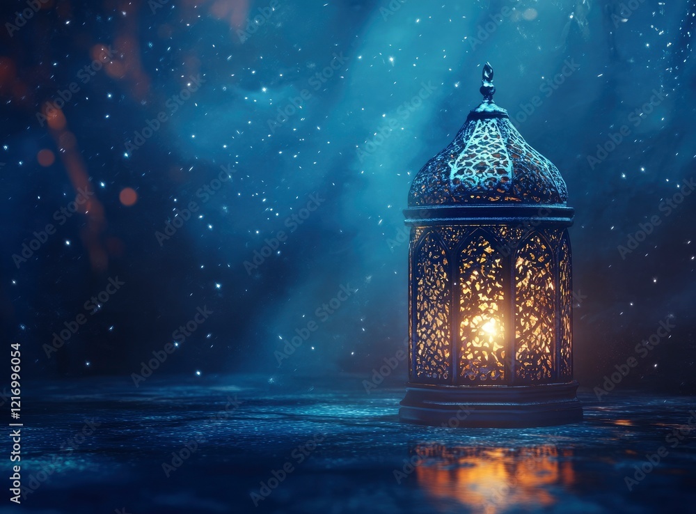 Poster a glowing lantern with intricate patterns on the glass, casting an enchanting glow against a deep bl