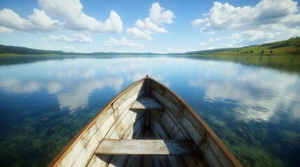 Fototapeta premium Wooden boat sailing on a calm lake under a cloudy sky
