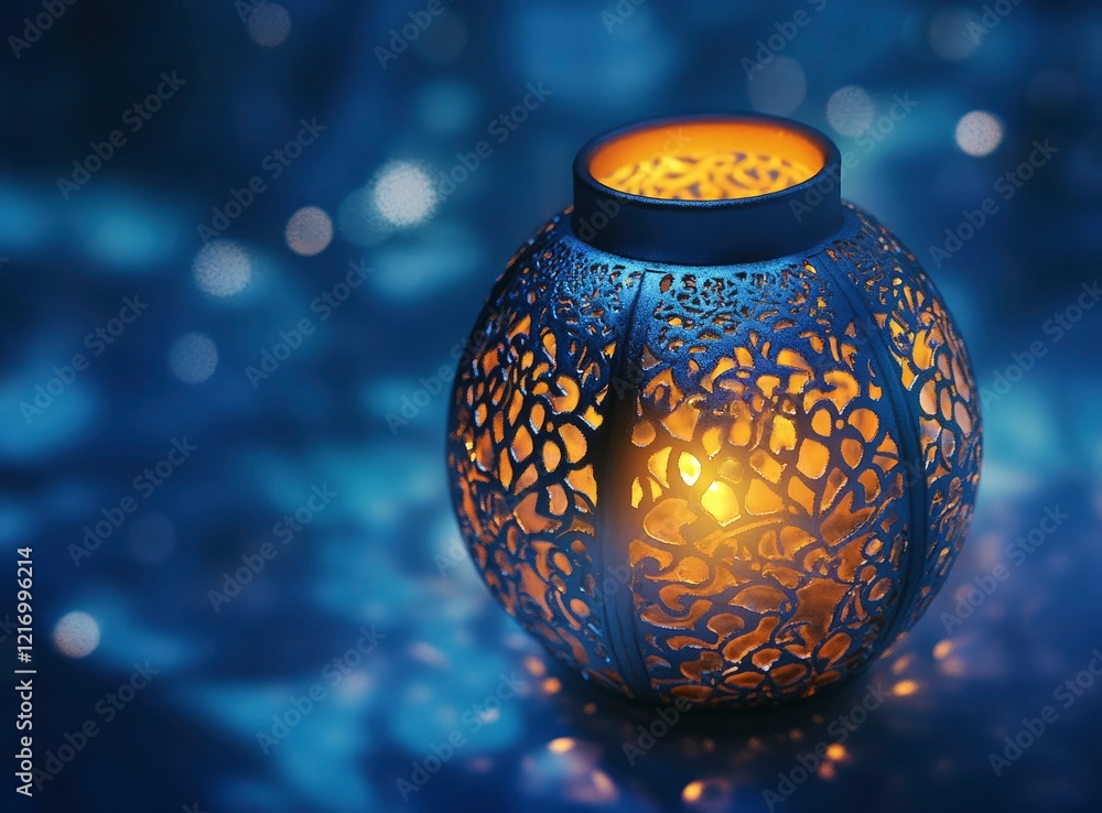 Poster a glowing lantern with intricate patterns on the glass, casting an enchanting glow against a deep bl