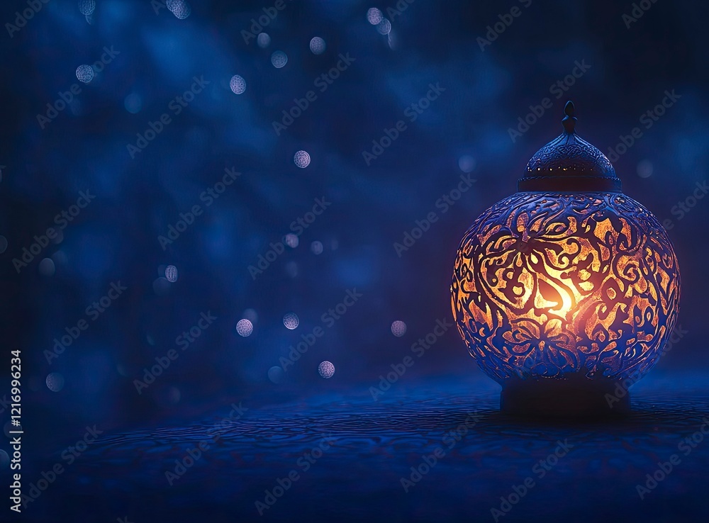 Poster a glowing lantern with intricate patterns on the glass, casting an enchanting glow against a deep bl