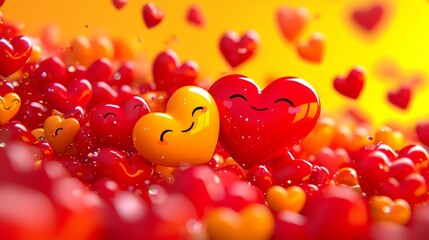 A whimsical scene of animated heart characters offering discounts, cartoon style, vibrant palette, playful mood, children-friendly