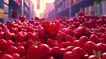 A whimsical scene of animated heart characters offering discounts, cartoon style, vibrant palette, playful mood, children-friendly