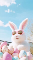 A cute Easter bunny wearing pink sunglasses peeks out from a convertible car surrounded by colorful Easter eggs under a bright blue sky.