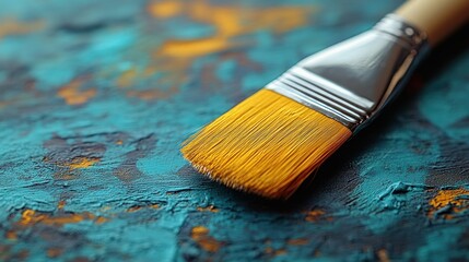 Fototapeta premium Paintbrush on teal canvas, studio, art supplies, close-up