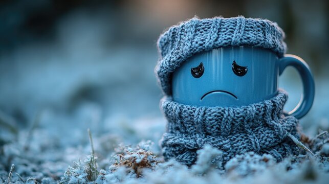 A blue mug with a sad face wearing a knitted hat and scarf, suitable for a winter or holiday themed image