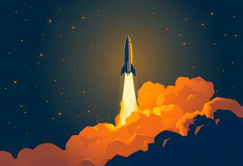 Naklejka premium Retro rocket launch, vibrant orange flames, stylized illustration, dark starry background, golden rocket ship, minimalist design, flat colors, nostalgic space exploration, vector art style, warm color