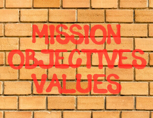 Mission objectives values symbol. Concept words Mission Objectives Values on beautiful brown brick...