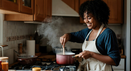 Smiling African American woman cooking on stove with red pot in kitchen
