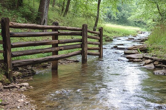 A rustic wooden fence beside a stream with soft reflections in the water. picture - Powered by Adobe