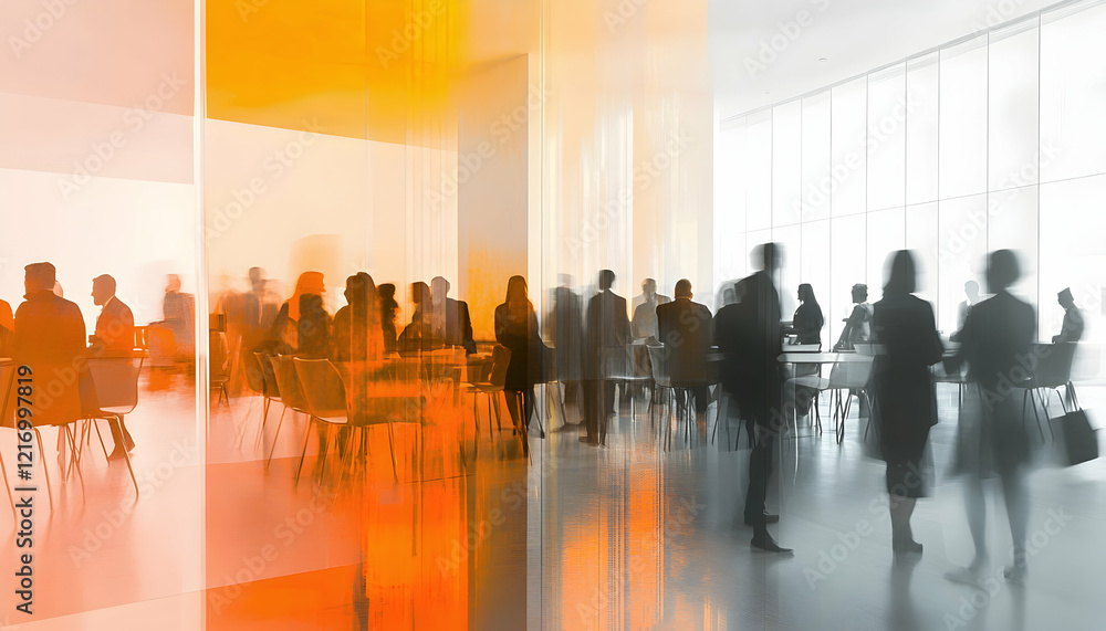 Poster blurred corporate event background with attendees networking and socializing in a conference hall -