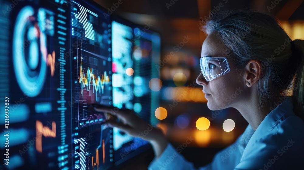Poster concentrated female trader analyzing financial data on multiple monitors