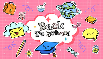 Cute back to school doodle background. A collection of hand-drawn education and science icons on pink grid paper. Vector illustration for a student sale, school banner, or kids' learning. 