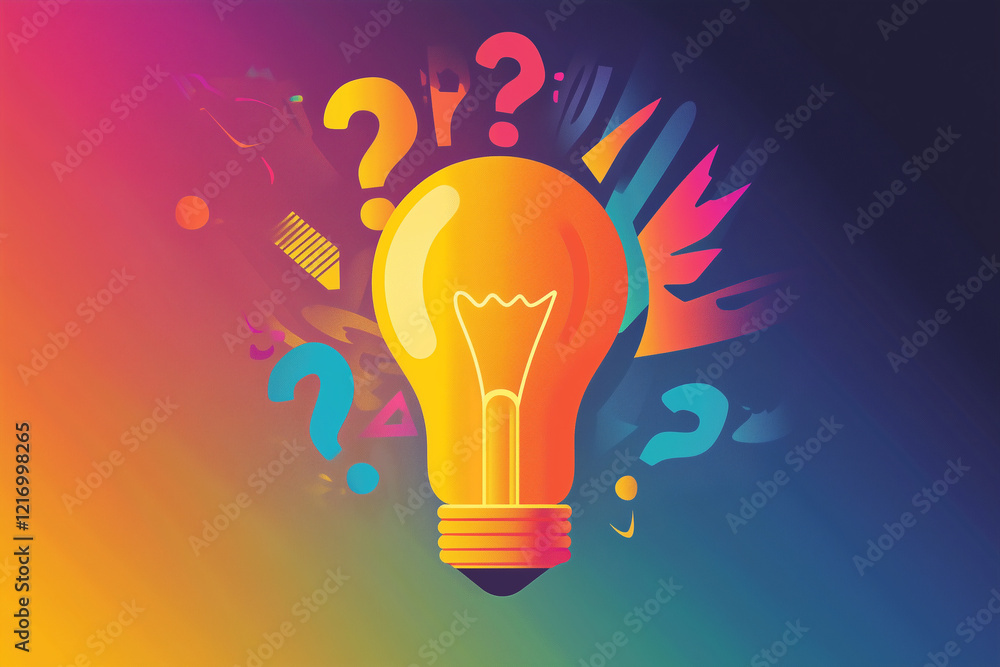 Poster light bulb surrounded by colorful question marks, symbolizing creative ideas and curiosity. the back