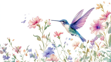 Naklejka premium Hummingbird flying next to beautiful flower isolated on white background.