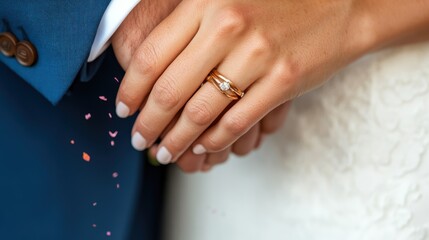 Fototapeta premium A close-up image of two beautifully crafted wedding rings symbolizes love, commitment, and the celebration of lifelong partnership during a wedding ceremony full of joy.