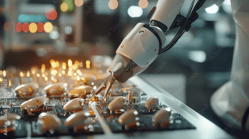 Poster robotic hand manipulating electronic components with precision and automation