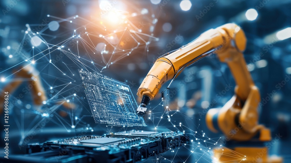 Aufkleber robotic arm interfacing with digital workspace in futuristic industrial setting