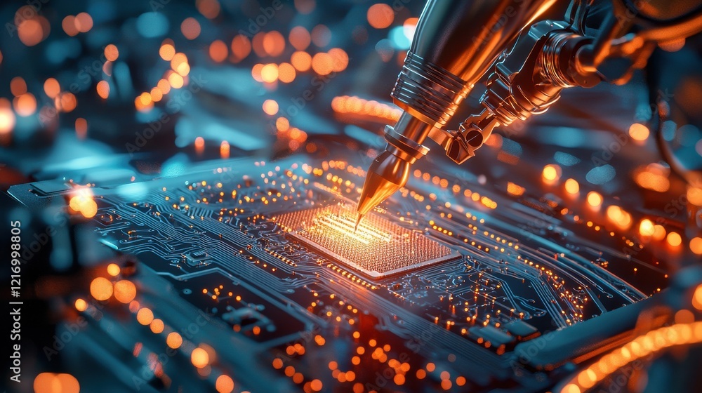 Poster closeup view of glowing circuit board with electronic components and data connections