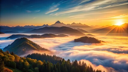 Obraz premium Mountain landscape at sunrise with misty valley and distant mountain peaks, mountain, landscape, mountain, landscape, sky
