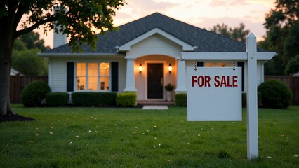 A home is advertising a for sale sign on a wooden sign post in red. Use it for a housing market concept