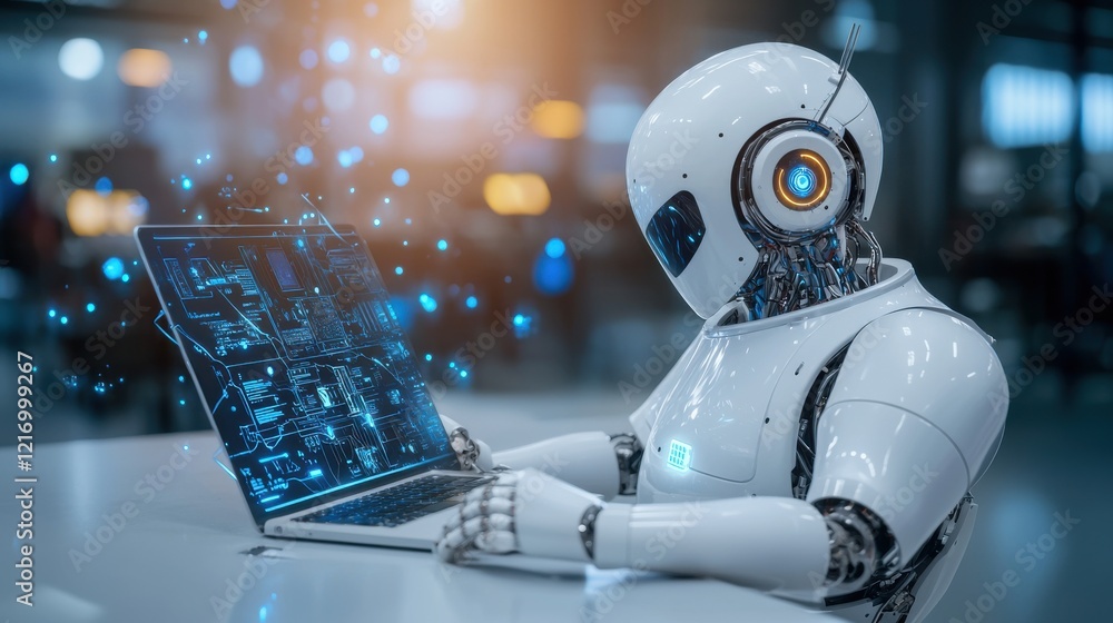 Poster futuristic robot working on laptop computer during digital technology research and innovation