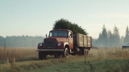 Fototapeta premium A vintage red truck carries a freshly cut Christmas tree through a misty field. The serene winter landscape is accentuated by the soft light of dawn.