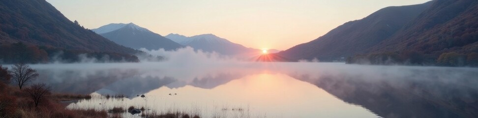Obraz premium Early morning mist on the surface of Loch Tay, mist, moorland