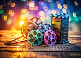 Miniature Film Production: Clapperboard and Film Reels in Tilt-Shift