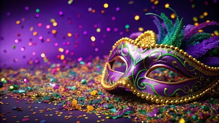 Naklejka premium Colorful Mardi Gras Mask on a Purple Background, masks, confetti, masks, confetti, carnival, celebration