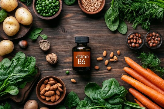 Vitamin B6 bottle surrounded by fresh vegetables and nuts on a rustic wooden table in bright natural light emphasizing health