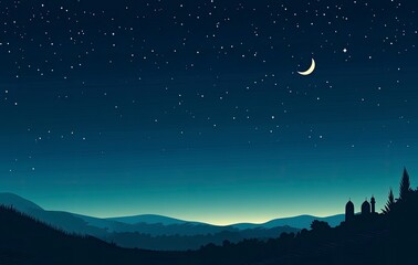 Naklejka premium A vector illustration of the night sky with stars and a crescent moon, a silhouette mosque in the bottom right corner, 