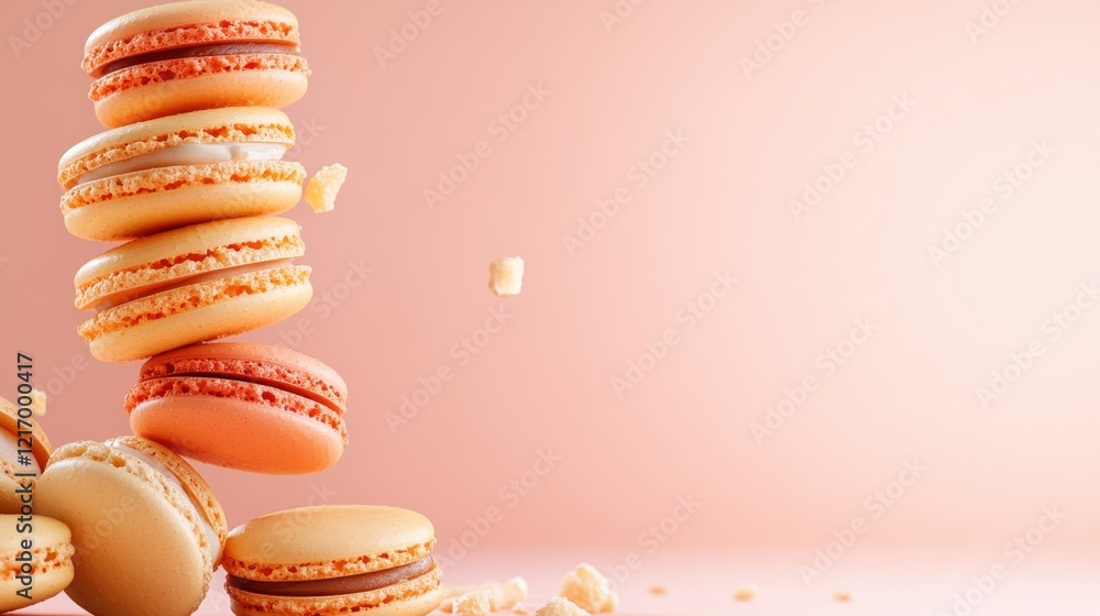 Poster an artistic display of macarons elegantly stacked with a few scattered crumbs, emphasizing the delig