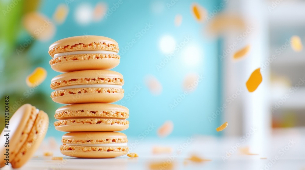 Poster a dynamic scene showcasing colorful macarons in a playful stack, surrounded by scattered decorations